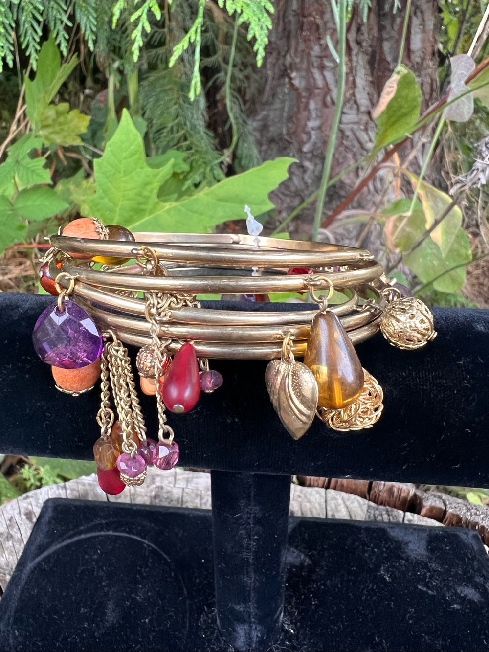 Gold-tone Multi Charm Bangle Bracelet Set with Amber, Purple & Red Accents